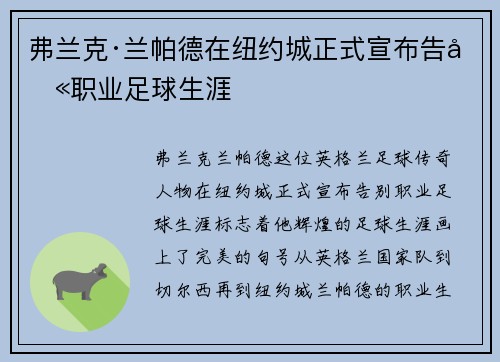 弗兰克·兰帕德在纽约城正式宣布告别职业足球生涯